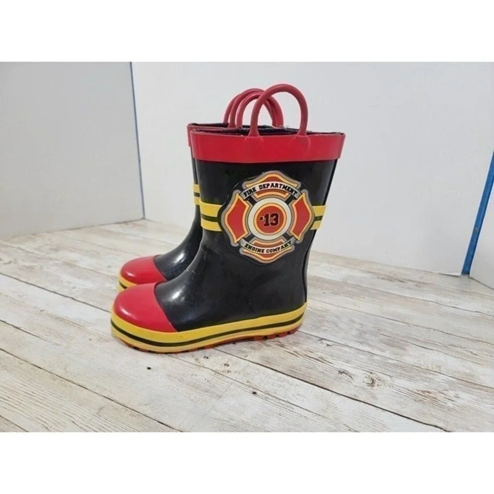 Fireman Fire Dept Rain Boots Fire Cheif Black Yellow 7/8 Boys Girls #13‎